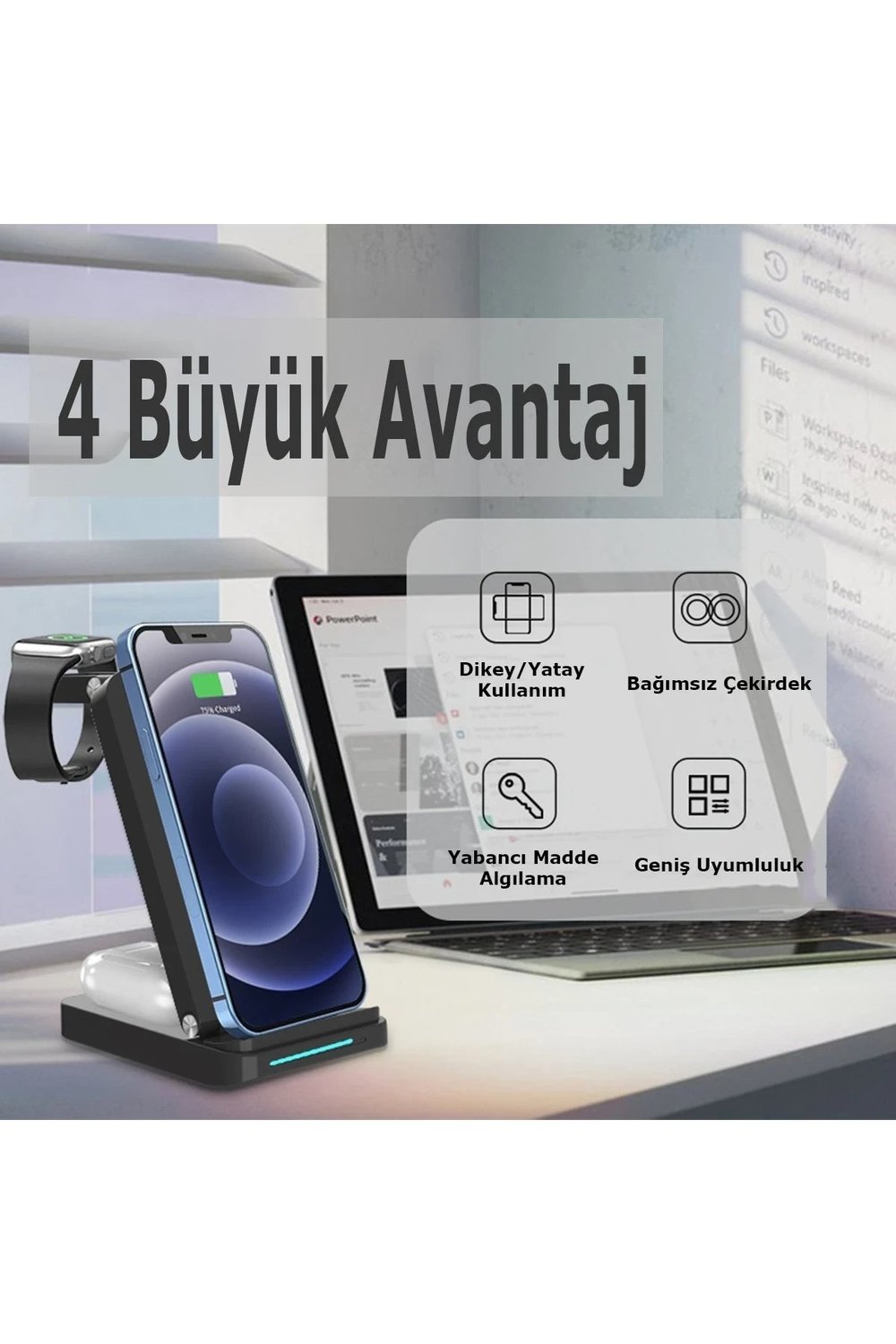 Mey İthalat®  S90 4in1 Kablosuz Şarj Masaüstü Set - Siyah