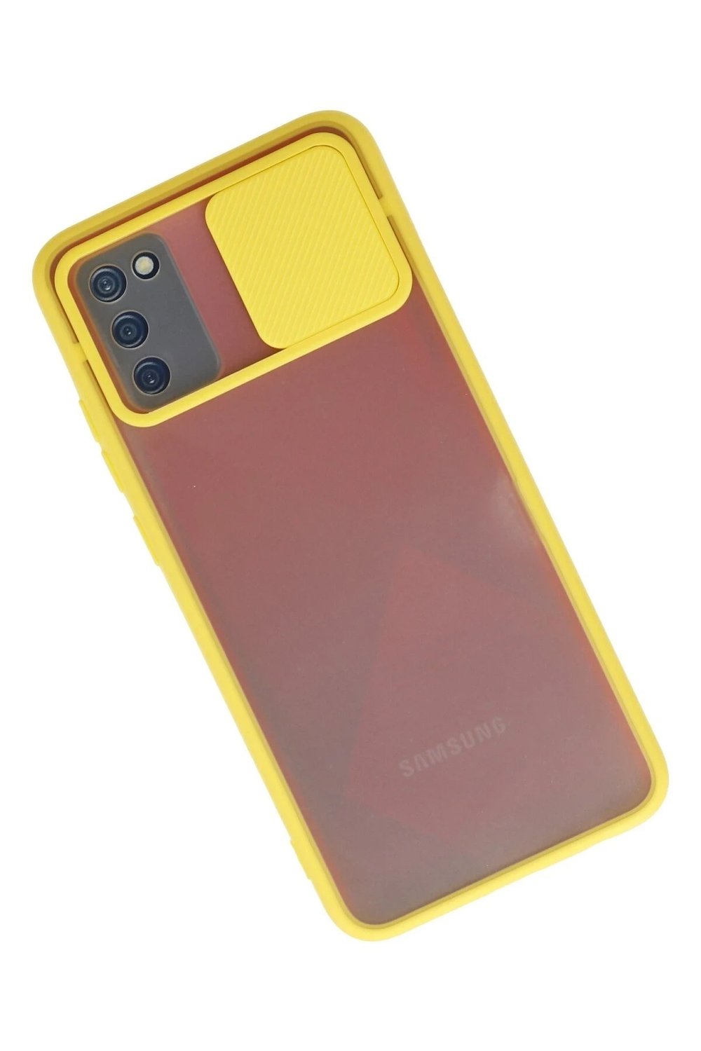 Mey İthalat®  Samsung Galaxy A02S Kılıf Palm Buzlu Kamera Sürgülü Silikon - Sarı