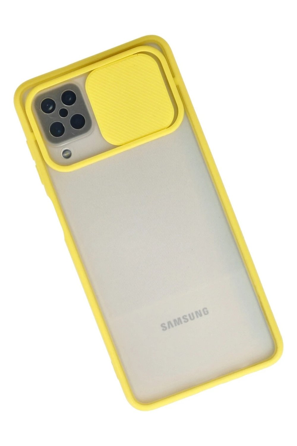 Mey İthalat®  Samsung Galaxy A12 Kılıf Palm Buzlu Kamera Sürgülü Silikon - Sarı