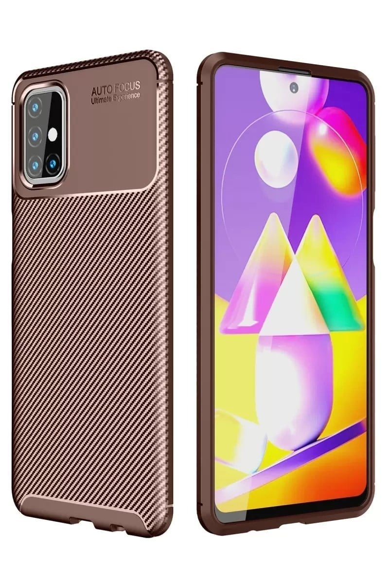 Mey İthalat®  Samsung Galaxy M31S Kılıf Auto Focus Karbon Kapak - Kahverengi