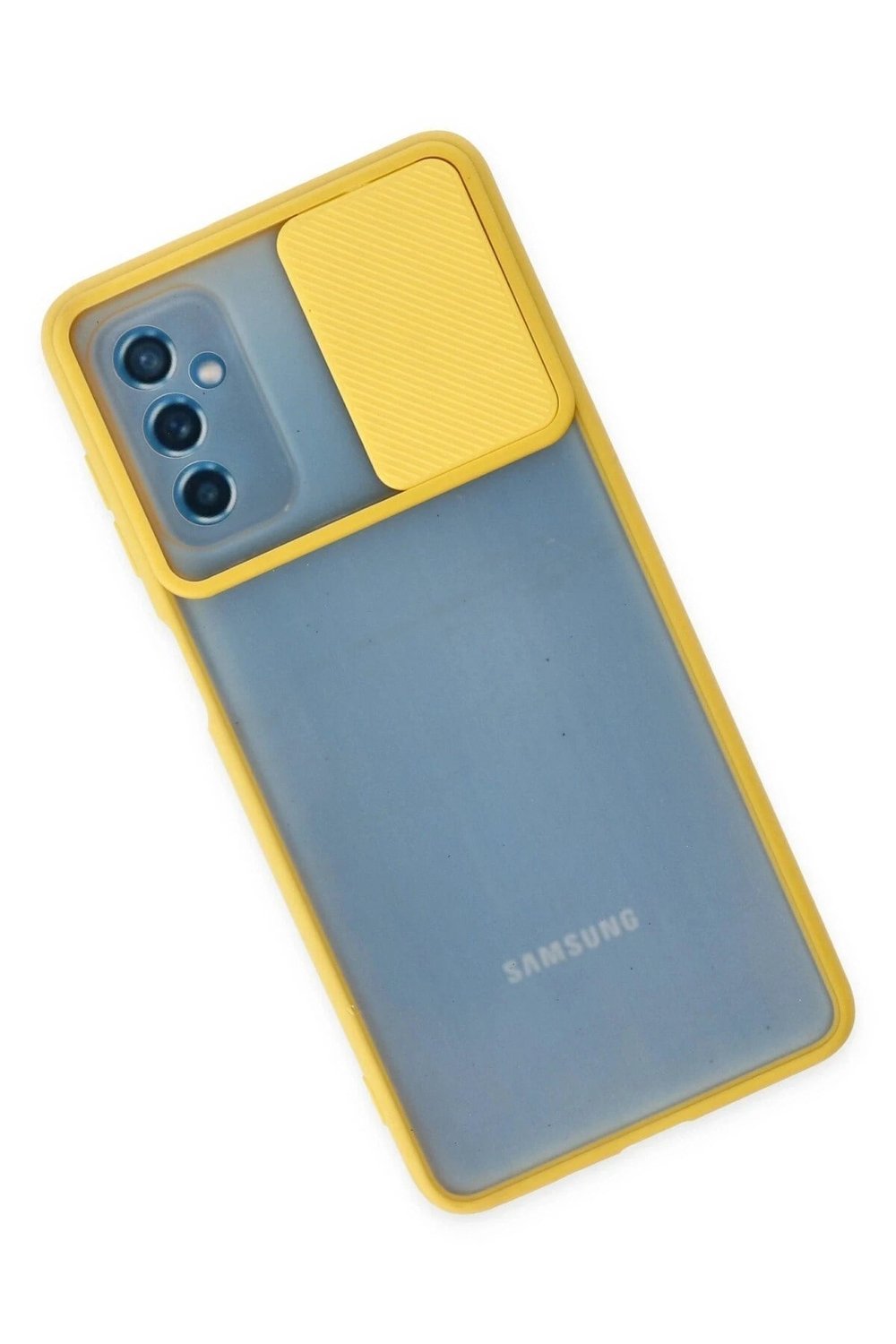 Mey İthalat®  Samsung Galaxy M52 5G Kılıf Palm Buzlu Kamera Sürgülü Silikon - Sarı