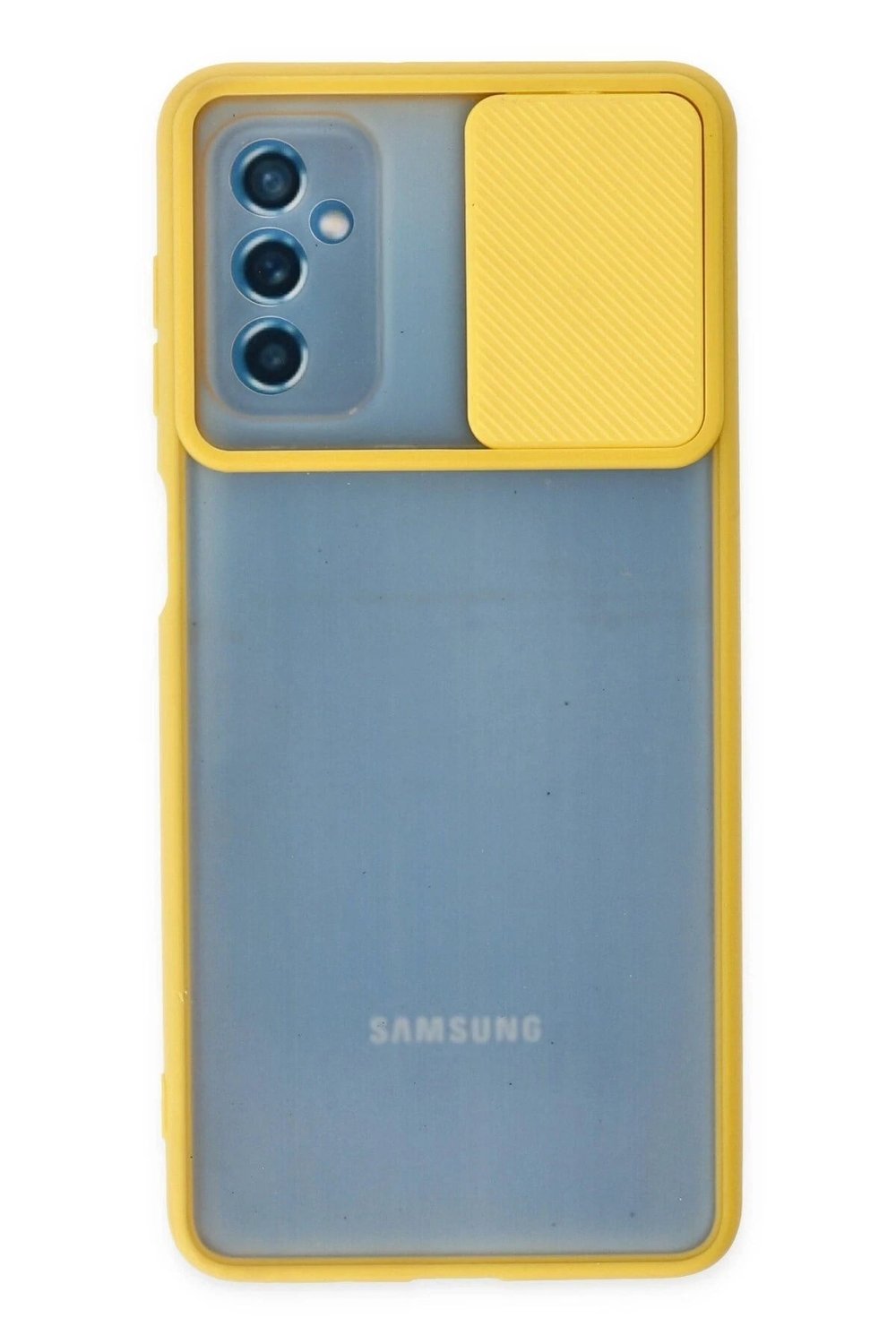 Mey İthalat®  Samsung Galaxy M52 5G Kılıf Palm Buzlu Kamera Sürgülü Silikon - Sarı