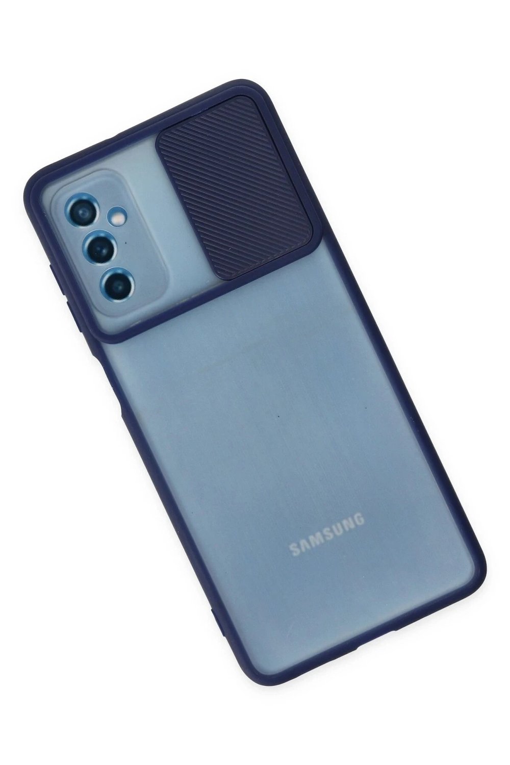 Mey İthalat®  Samsung Galaxy M52 5G Kılıf Palm Buzlu Kamera Sürgülü Silikon - Lacivert