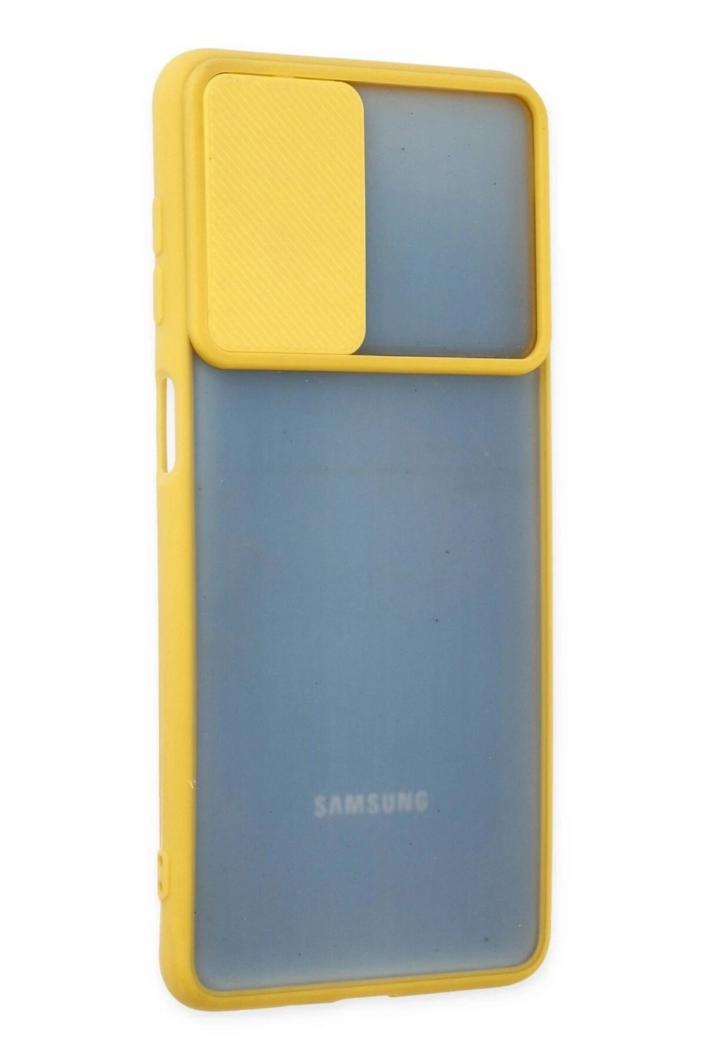 Mey İthalat®  Samsung Galaxy M52 5G Kılıf Palm Buzlu Kamera Sürgülü Silikon - Sarı