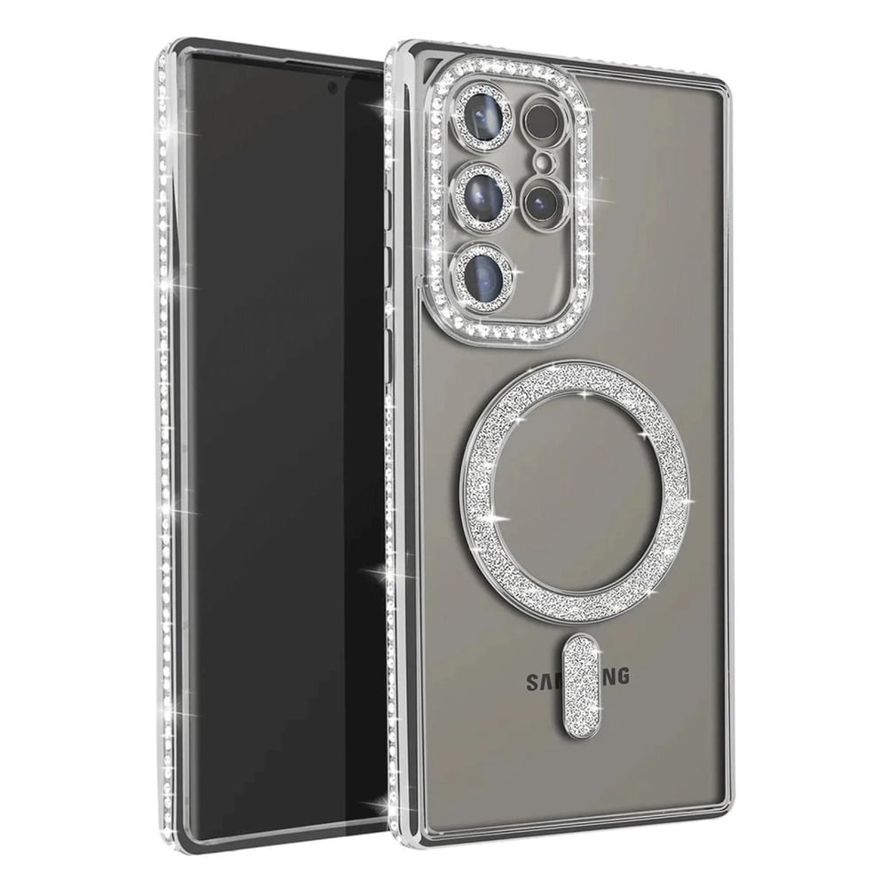 Mey İthalat®  Samsung Galaxy S23 Ultra Joke Simli Magneticsafe Kılıf - Gümüş