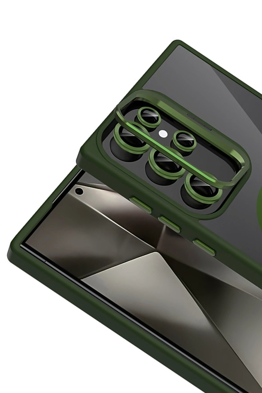 Mey İthalat®  Samsung Galaxy S24 Ultra Remim Lensli Magsafe Standlı Kapak - Koyu Yeşil
