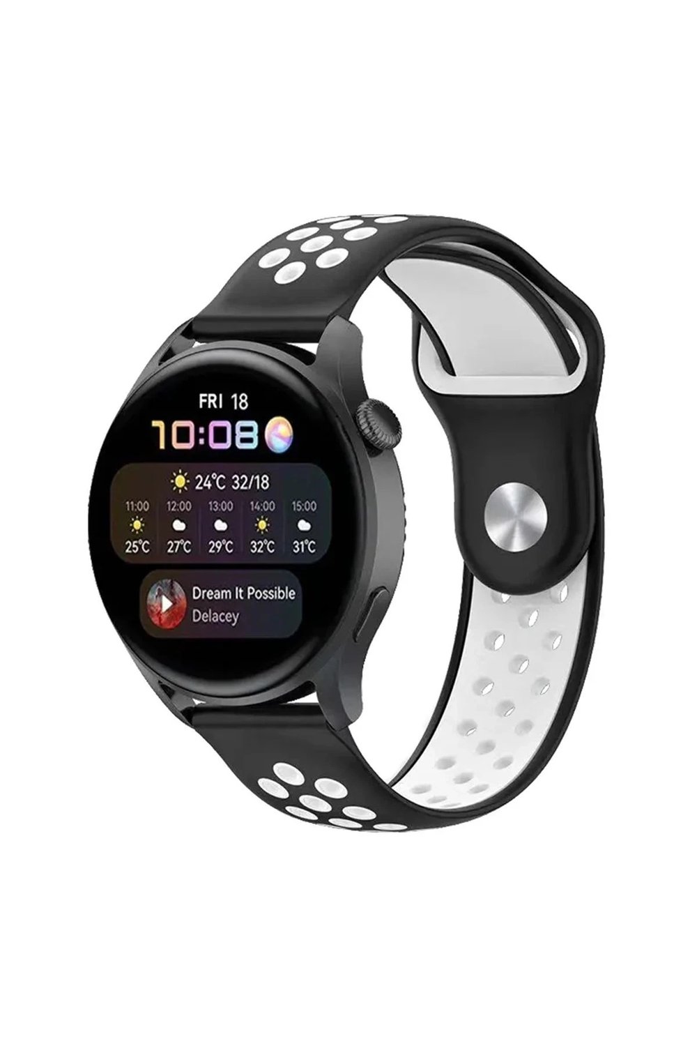 Mey İthalat®  Watch 20mm Spor Delikli Kordon - Siyah-Beyaz