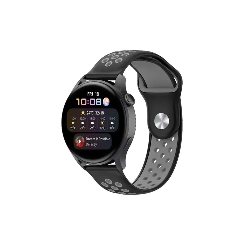 Mey İthalat®  Watch 20mm Spor Delikli Kordon - Siyah-Gri