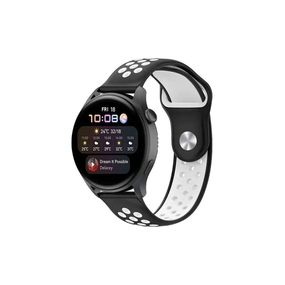 Mey İthalat®  Watch 22mm Spor Delikli Kordon - Siyah-Beyaz