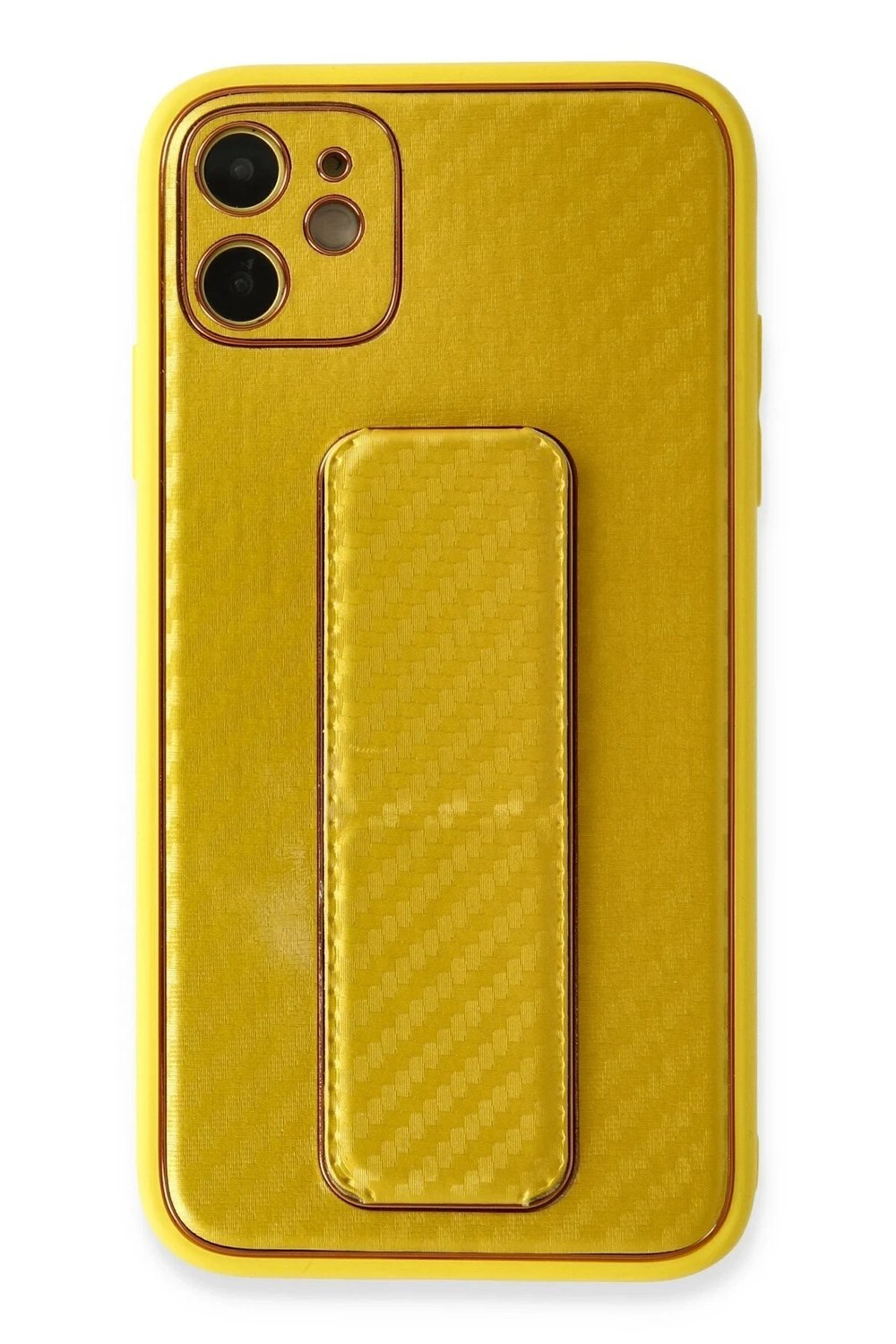 Mey İthalat®  iPhone 12 Kılıf Coco Karbon Standlı Kapak - Sarı
