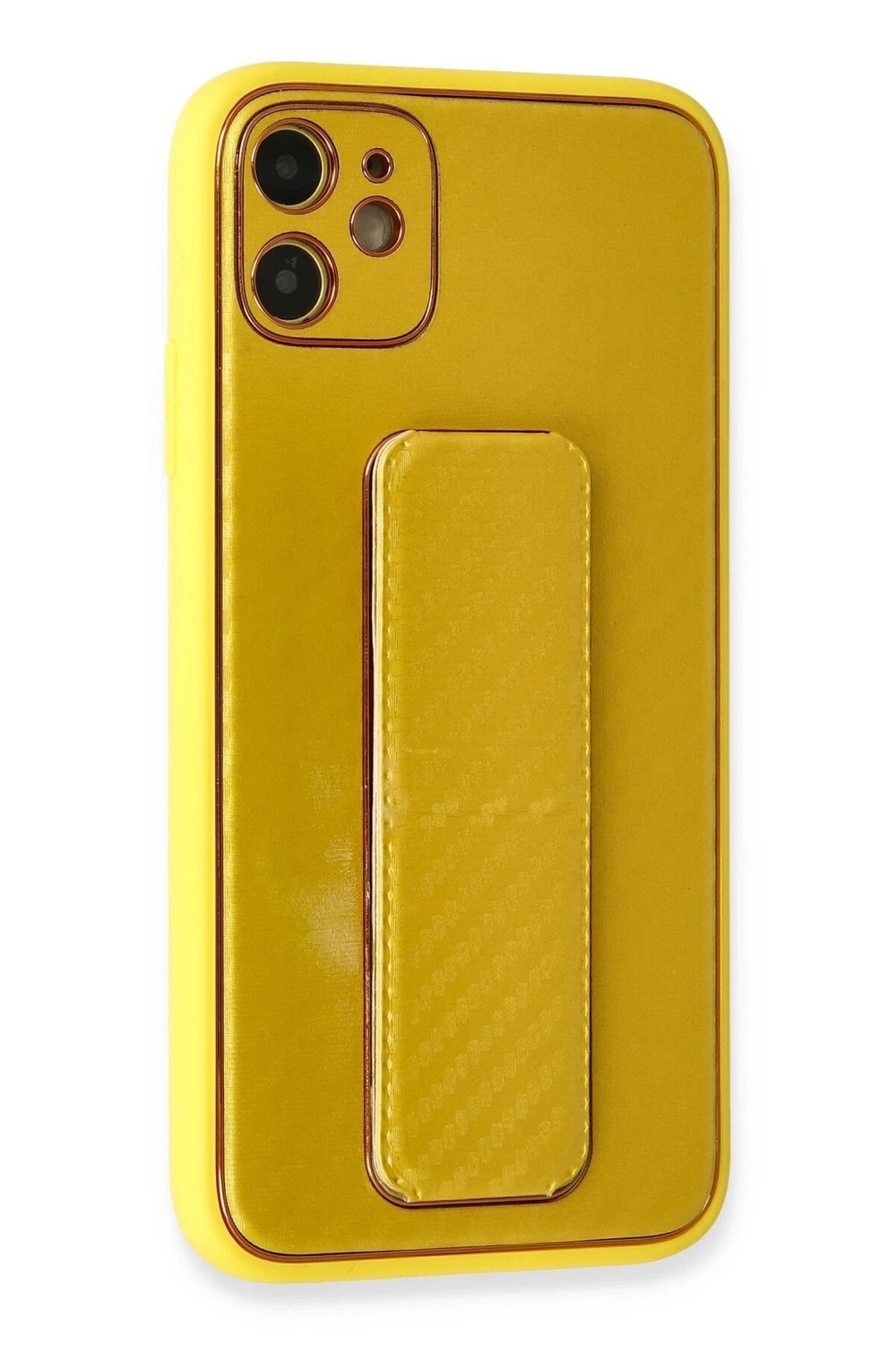 Mey İthalat®  iPhone 12 Kılıf Coco Karbon Standlı Kapak - Sarı