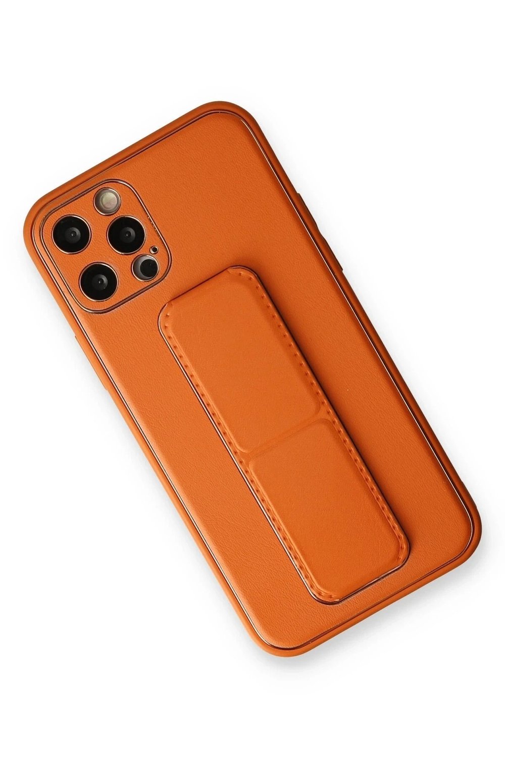 Mey İthalat®  iPhone 12 Pro Kılıf Coco Deri Standlı Kapak - Turuncu