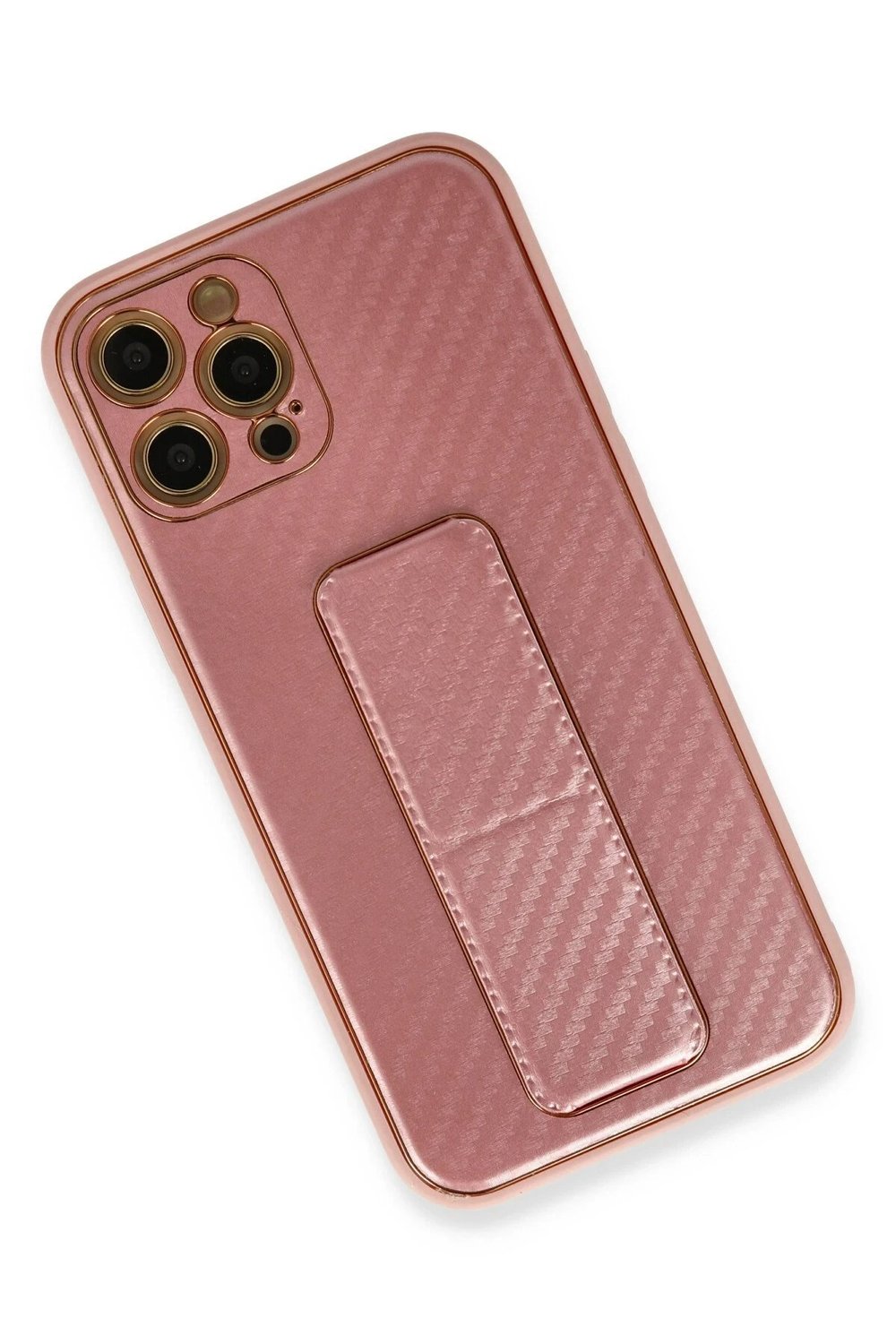 Mey İthalat®  iPhone 12 Pro Kılıf Coco Karbon Standlı Kapak - Pembe