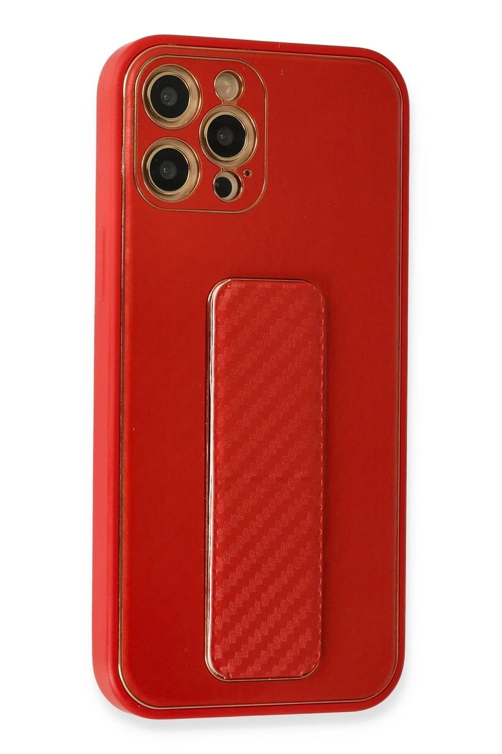 Mey İthalat®  iPhone 12 Pro Kılıf Coco Karbon Standlı Kapak - Kırmızı