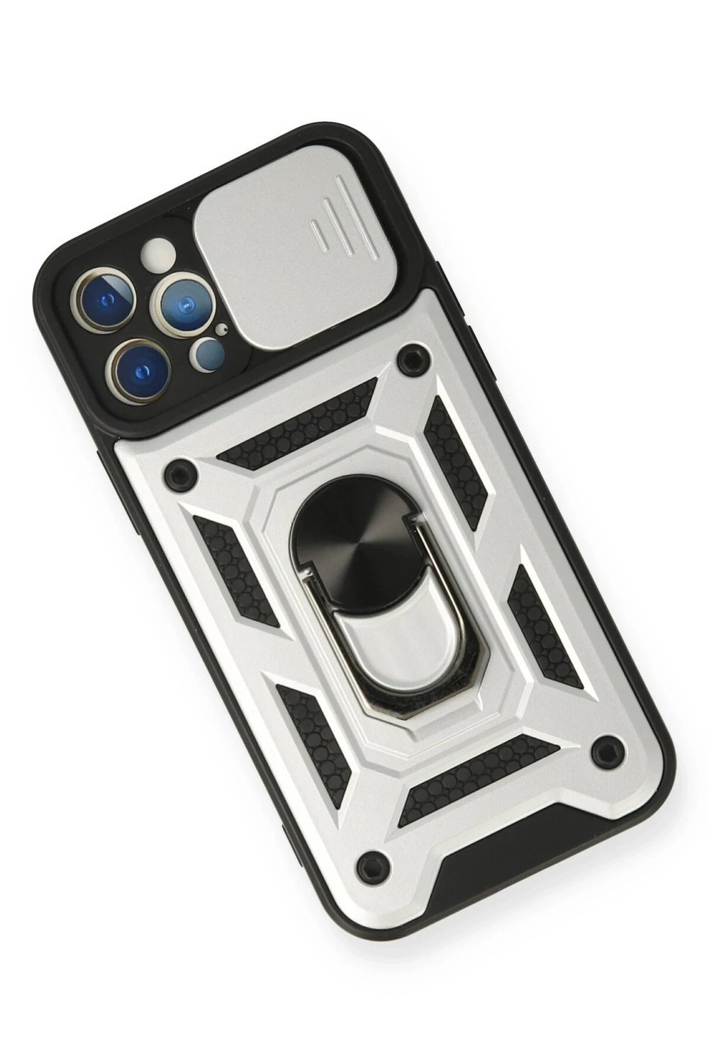 Mey İthalat®  iPhone 12 Pro Kılıf Pars Lens Yüzüklü Silikon - Gümüş