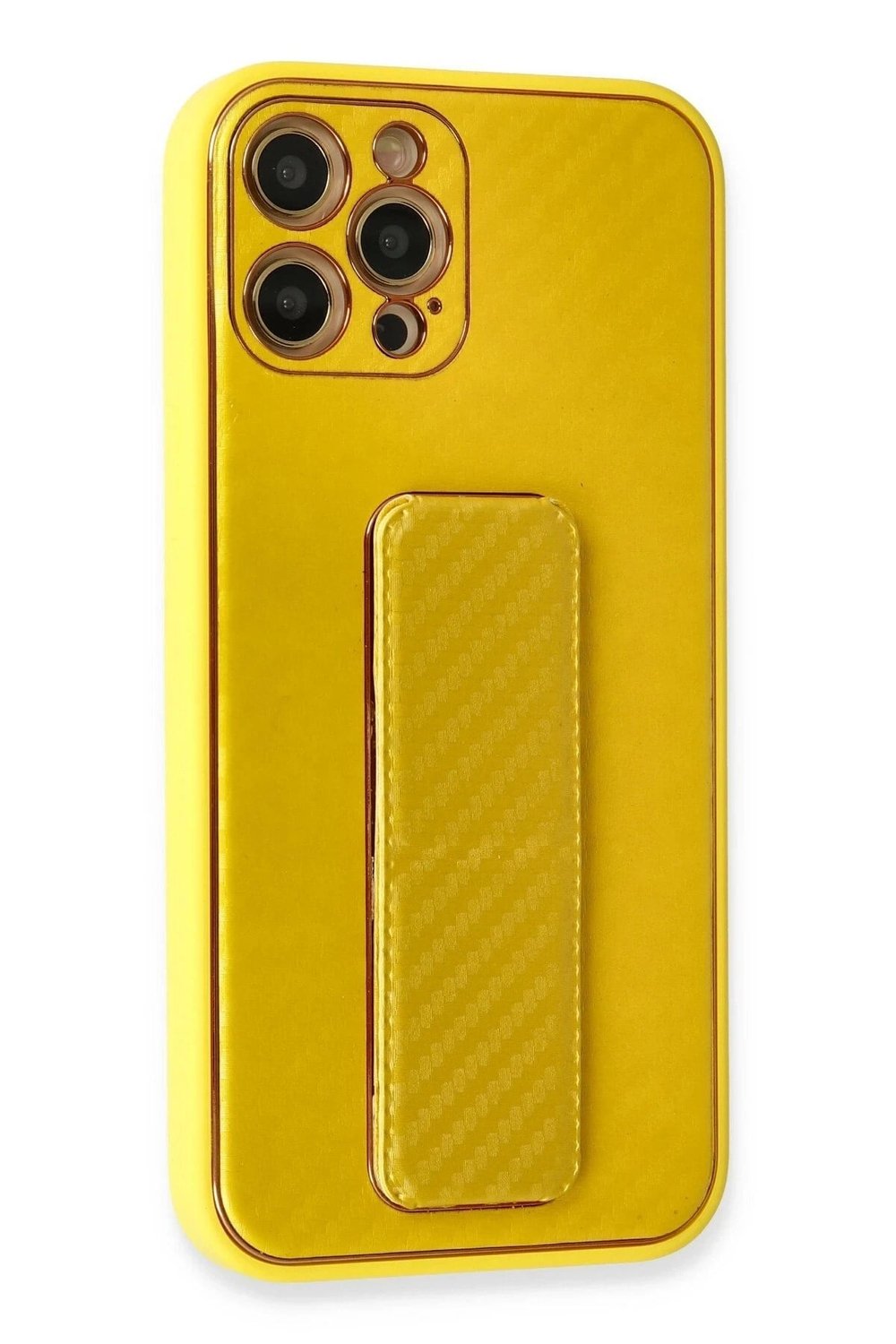 Mey İthalat®  iPhone 12 Pro Max Kılıf Coco Karbon Standlı Kapak - Sarı