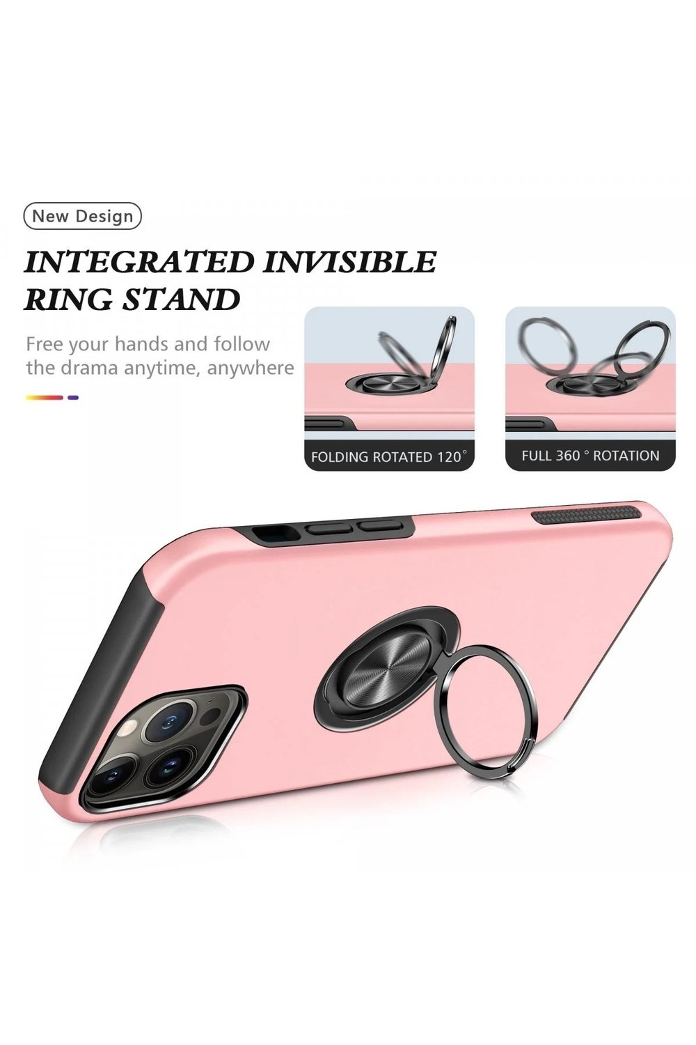 Mey İthalat®  iPhone 13 Pro Kılıf Elit Yüzüklü Kapak - Pembe