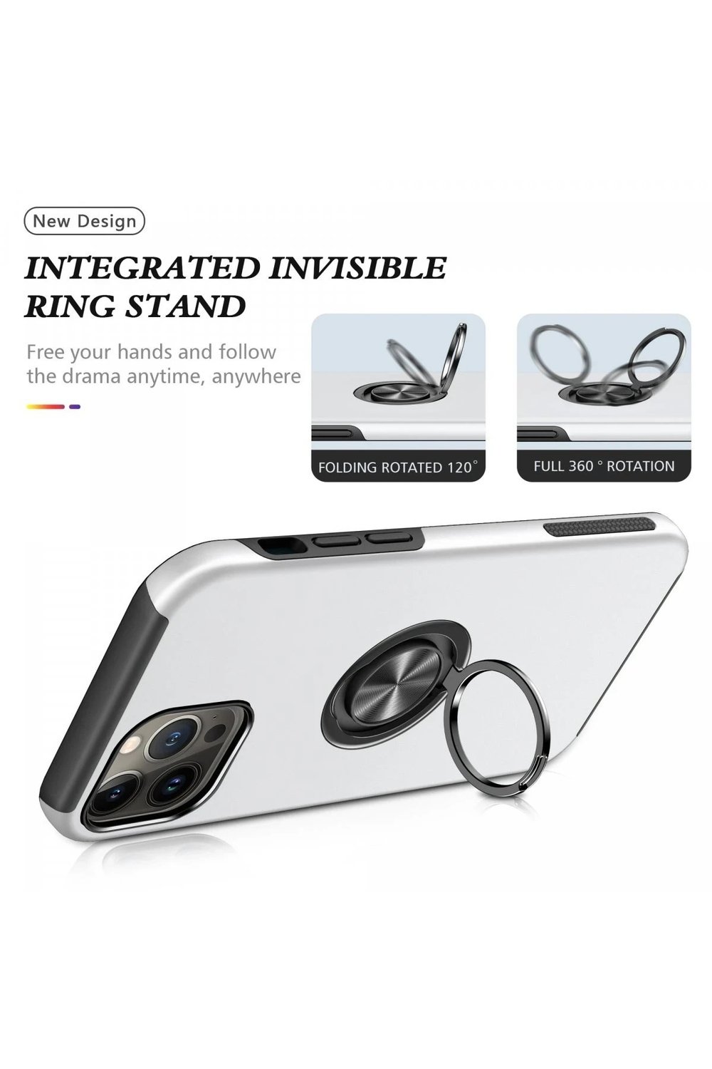 Mey İthalat®  iPhone 13 Pro Kılıf Elit Yüzüklü Kapak - Gümüş