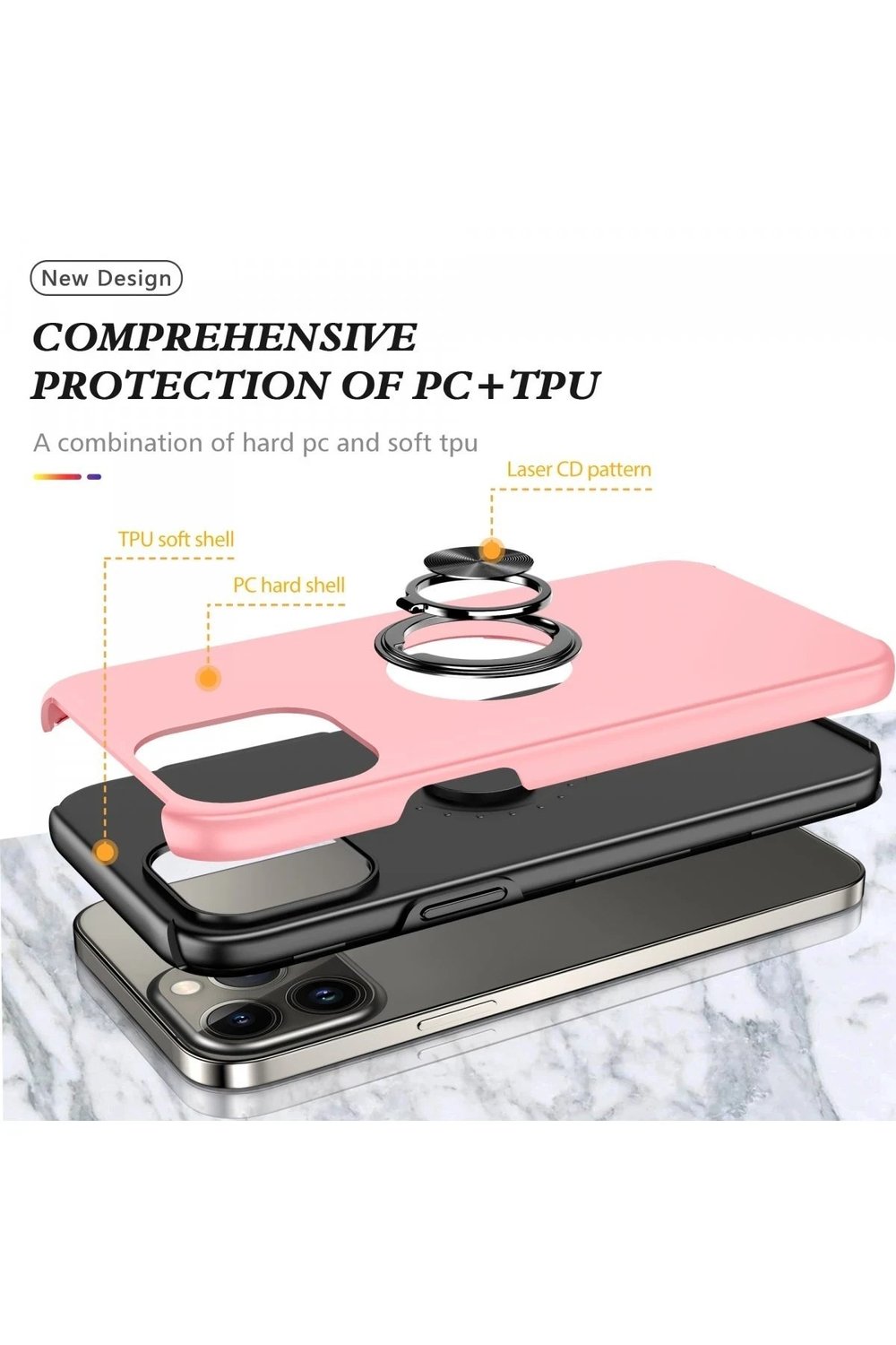 Mey İthalat®  iPhone 13 Pro Kılıf Elit Yüzüklü Kapak - Pembe