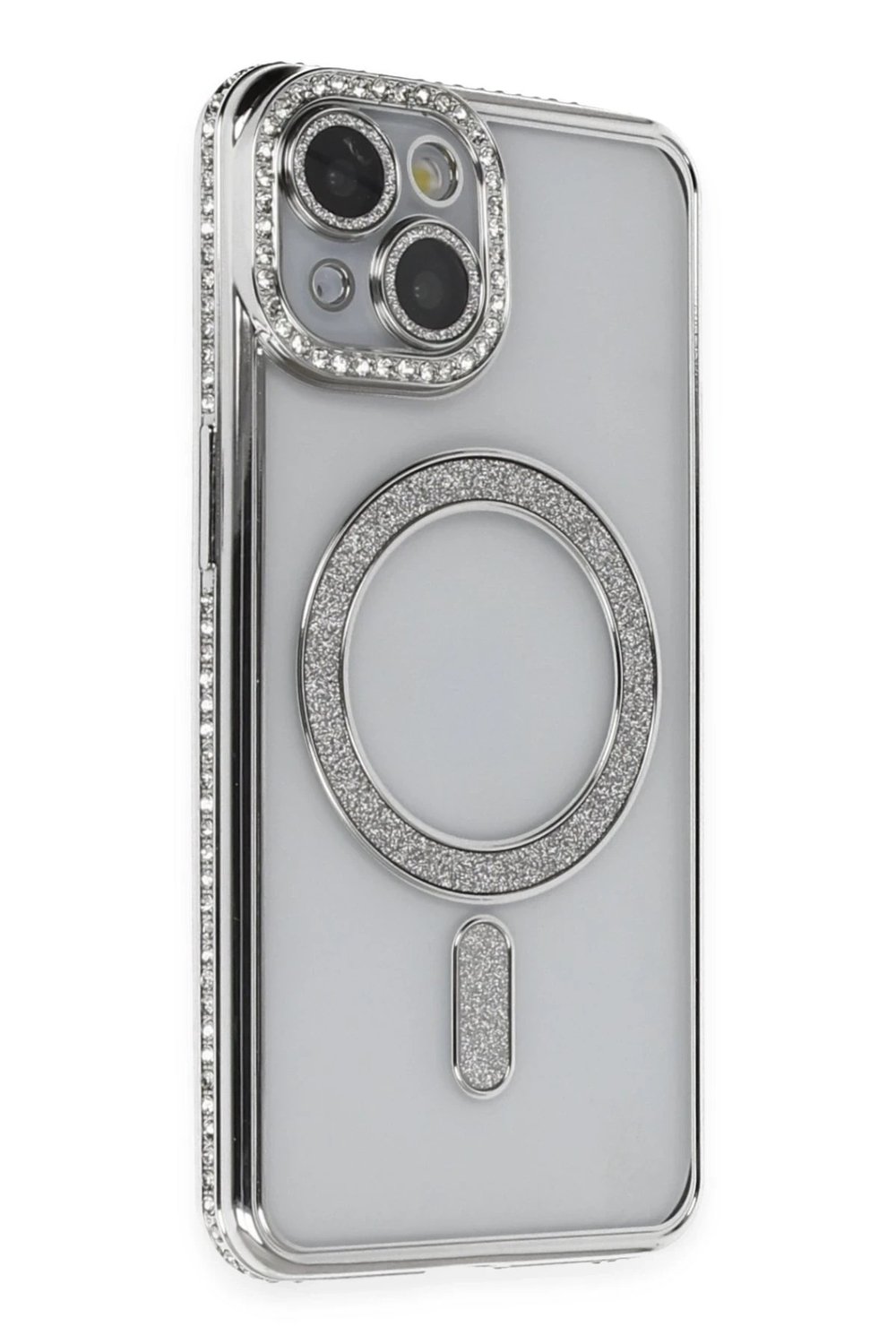 Mey İthalat®  iPhone 14 Kılıf Joke Simli Magneticsafe Kılıf - Gümüş