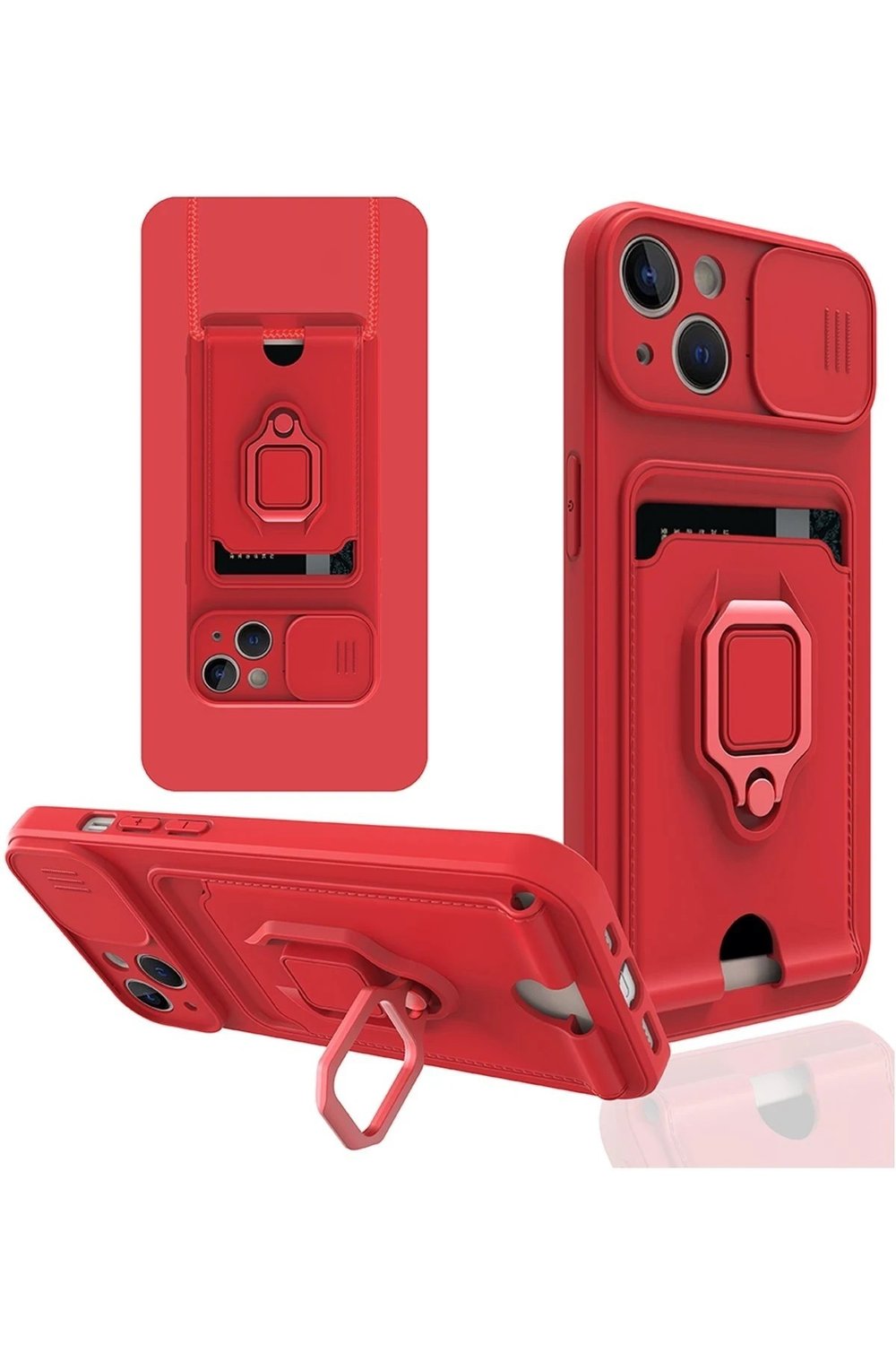 Mey İthalat®  iPhone 14 Plus Kılıf Zuma Kartvizitli Yüzüklü Silikon - Kırmızı