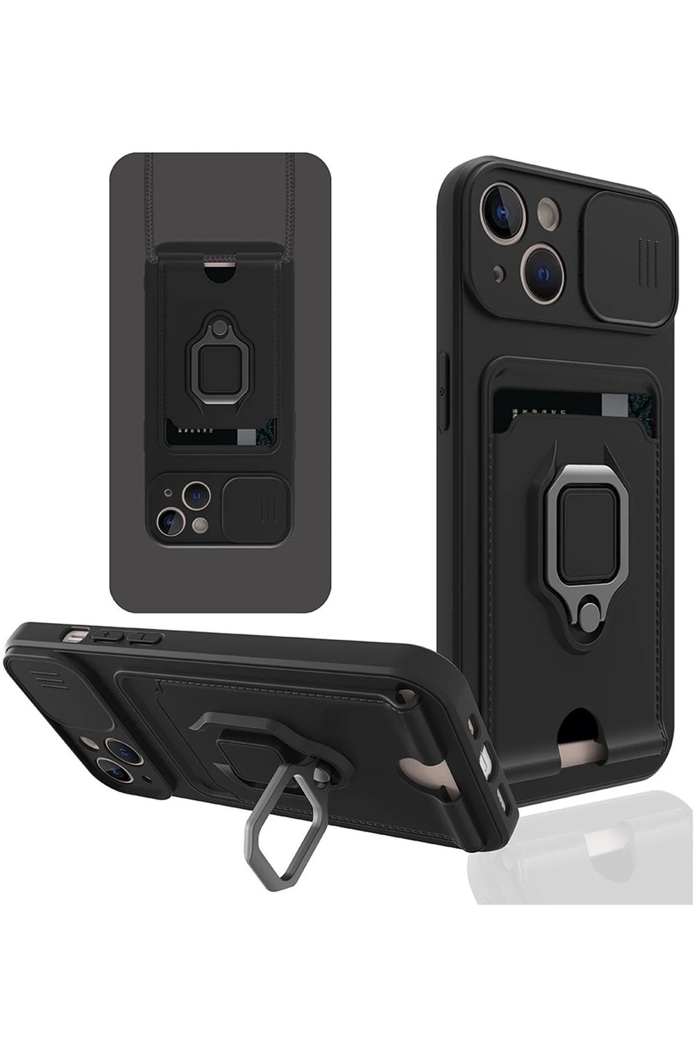 Mey İthalat®  iPhone 14 Plus Kılıf Zuma Kartvizitli Yüzüklü Silikon - Siyah