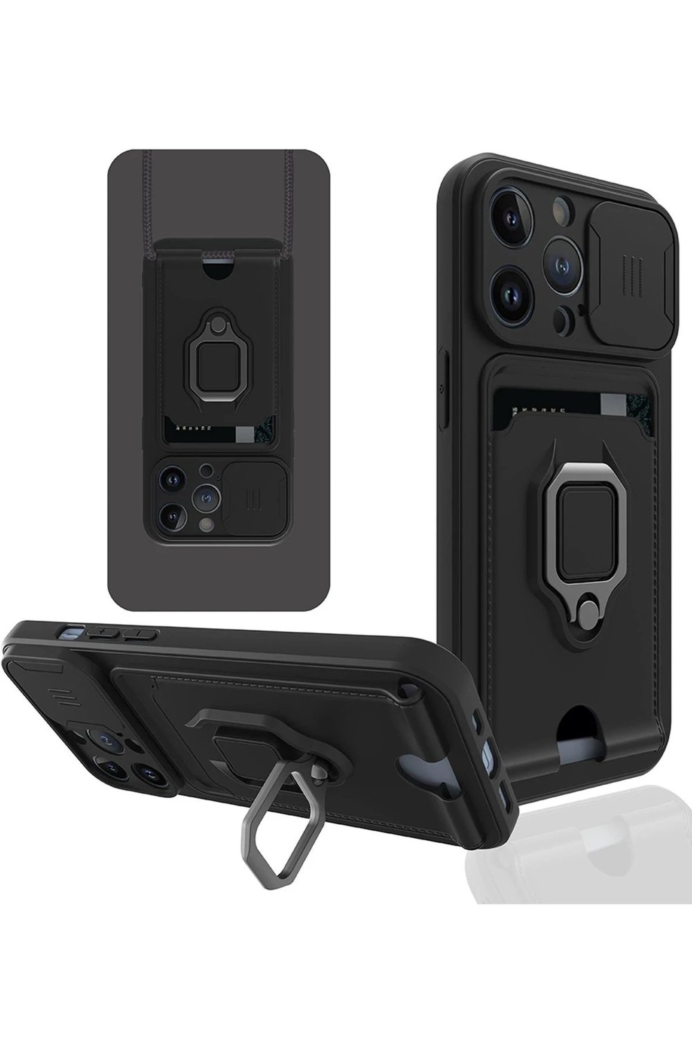 Mey İthalat®  iPhone 14 Pro Kılıf Zuma Kartvizitli Yüzüklü Silikon - Siyah