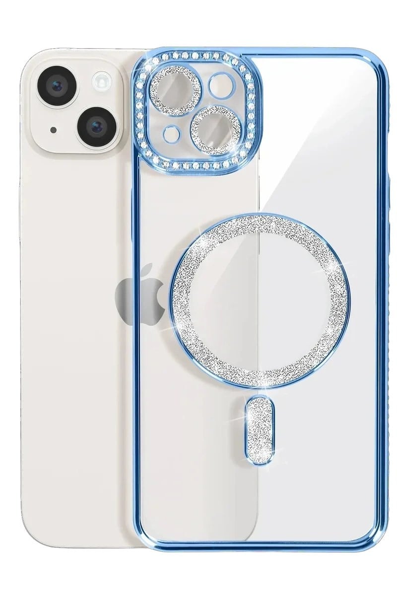 Mey İthalat®  iPhone 15 Kılıf Joke Simli Magneticsafe Kılıf - Mavi