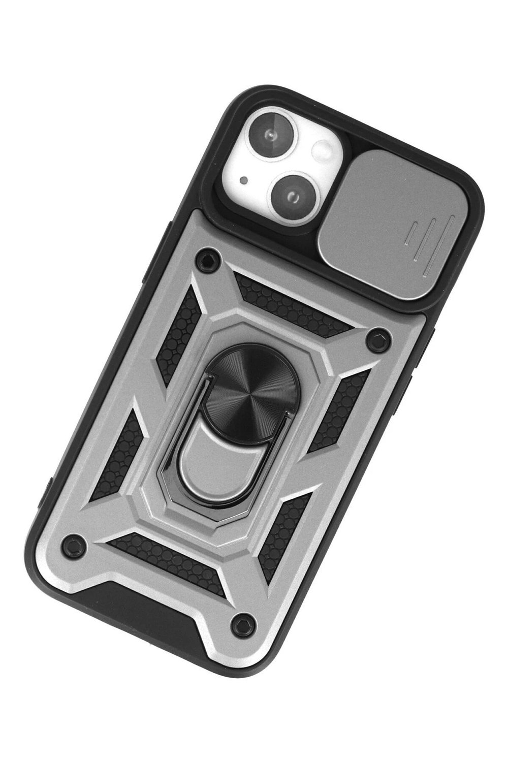 Mey İthalat®  iPhone 15 Kılıf Pars Lens Yüzüklü Silikon - Gümüş