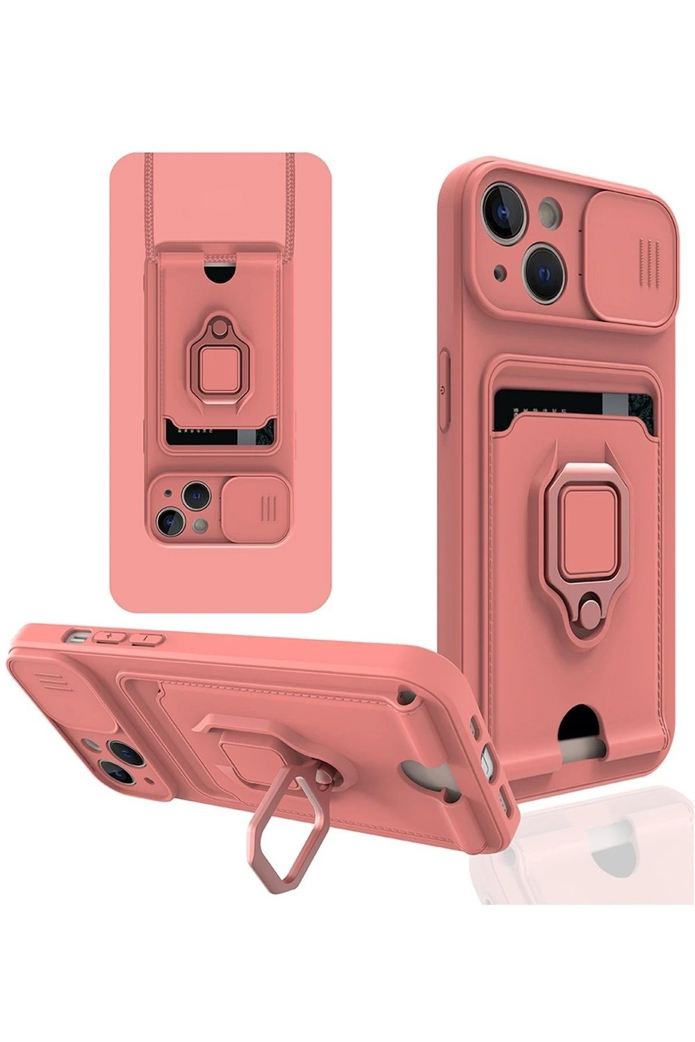 Mey İthalat®  iPhone 15 Kılıf Zuma Kartvizitli Yüzüklü Silikon - Pembe
