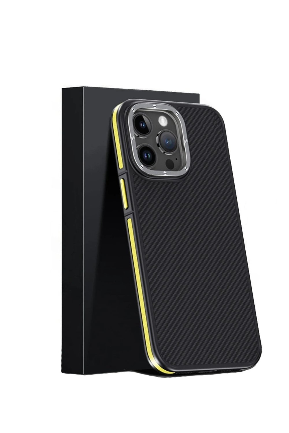 Mey İthalat®  iPhone 15 Pro Kılıf Aramid 600D Kevlar Karbon Fiber Magsafe Kapak - Sarı