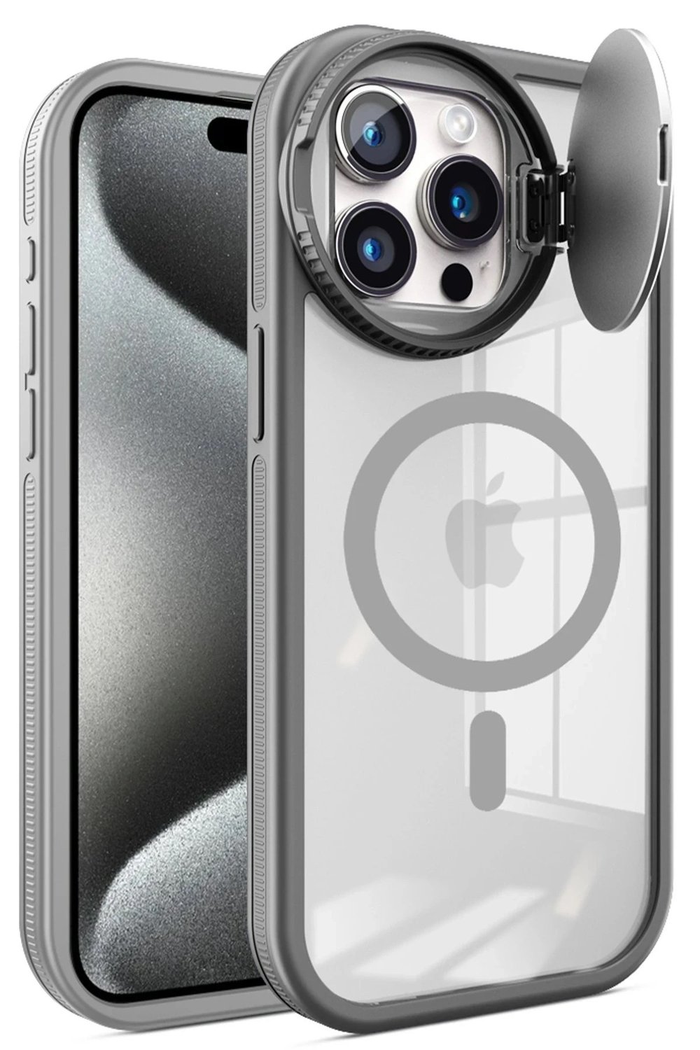 Mey İthalat®  iPhone 15 Pro Kılıf Teleskop Lens Magsafe Silikon Kapak - Titan Gri