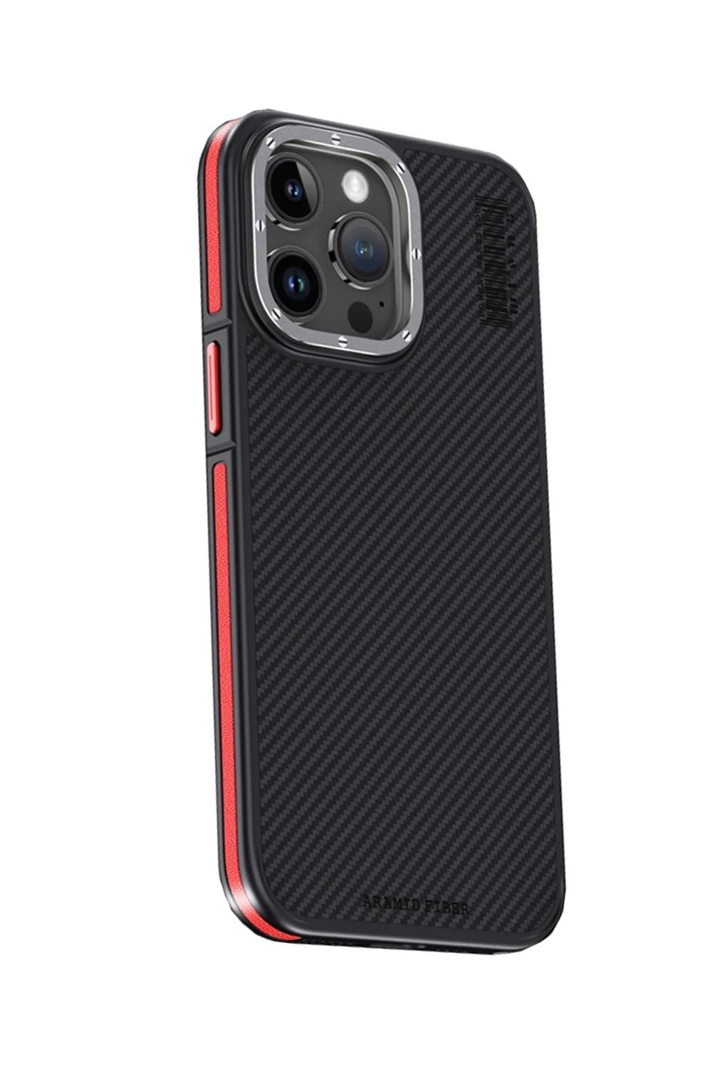 Mey İthalat®  iPhone 15 Pro Max Kılıf Aramid 600D Kevlar Karbon Fiber Magsafe Kapak - Kırmızı