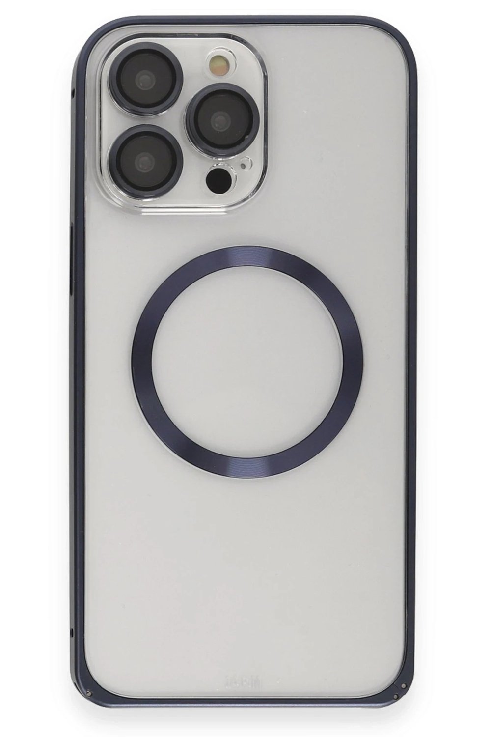 Mey İthalat®  iPhone 15 Pro Max Kılıf Metal Bumper Magneticsafe Kapak - Lacivert