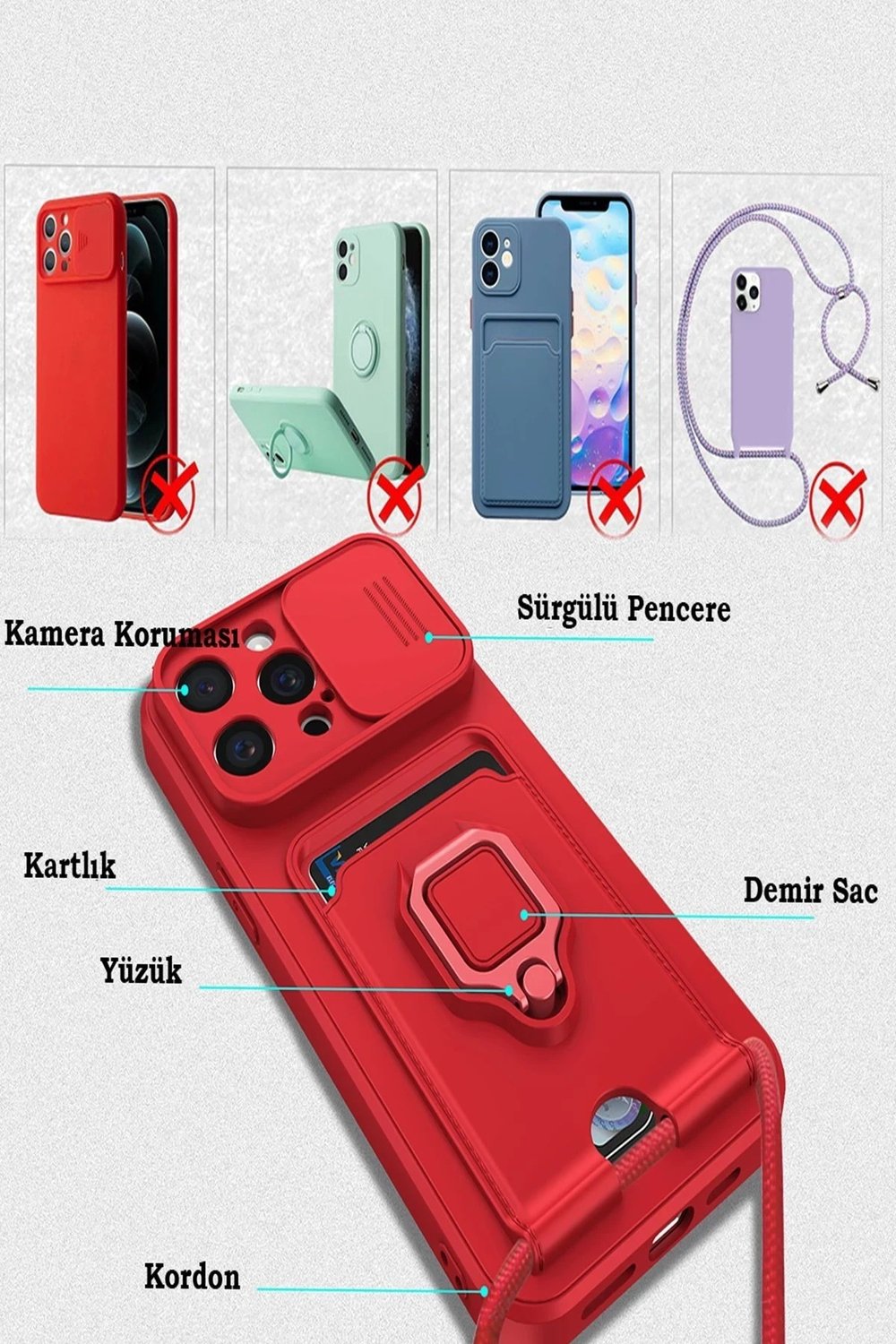 Mey İthalat®  iPhone 15 Pro Max Kılıf Zuma Kartvizitli Yüzüklü Silikon - Kırmızı