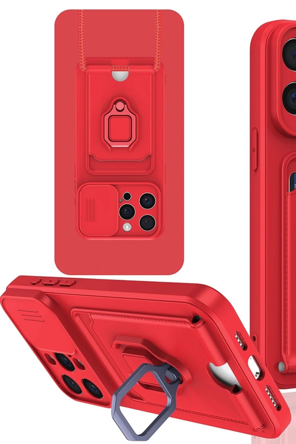 Mey İthalat®  iPhone 15 Pro Max Kılıf Zuma Kartvizitli Yüzüklü Silikon - Kırmızı