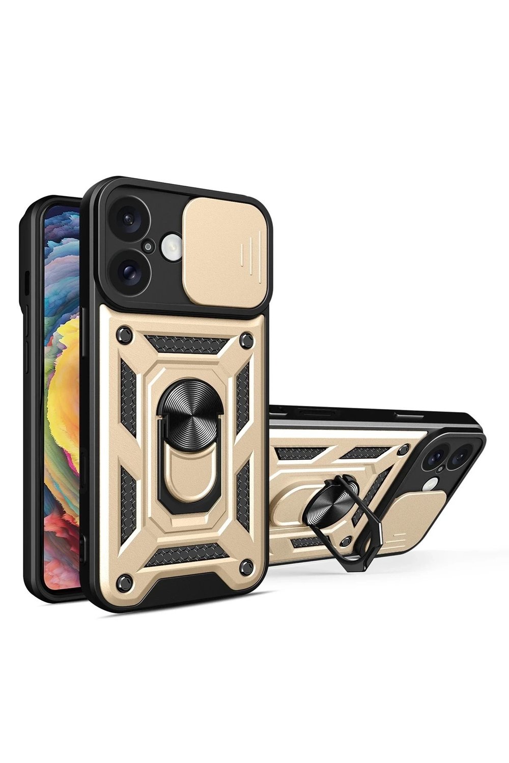 Mey İthalat®  iPhone 16 Kılıf Pars Lens Yüzüklü Silikon - Gold