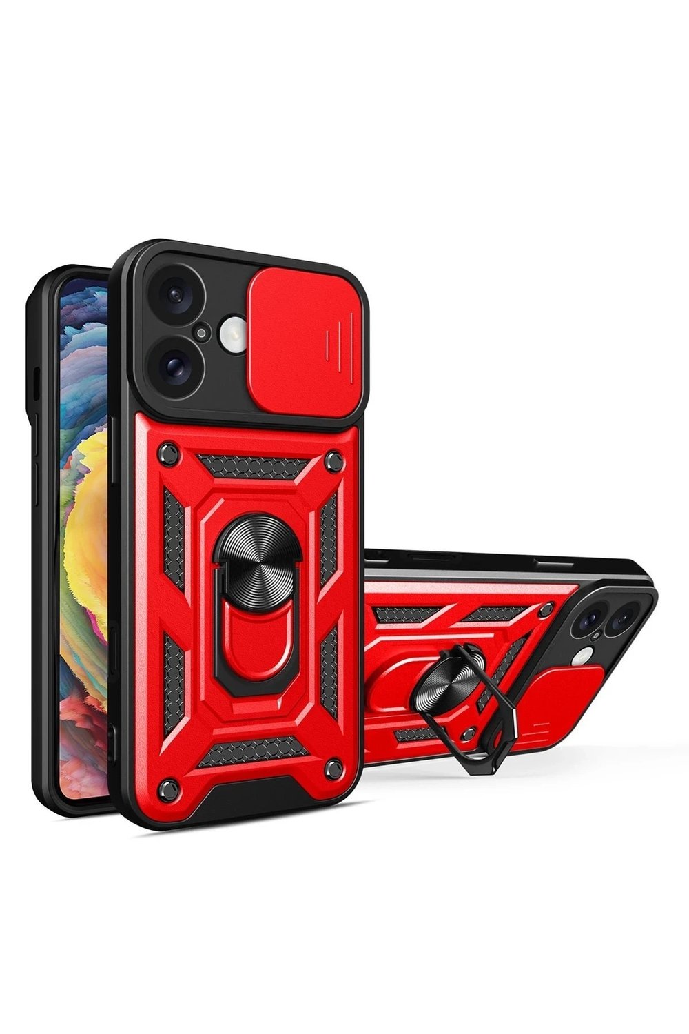 Mey İthalat®  iPhone 16 Kılıf Pars Lens Yüzüklü Silikon - Kırmızı