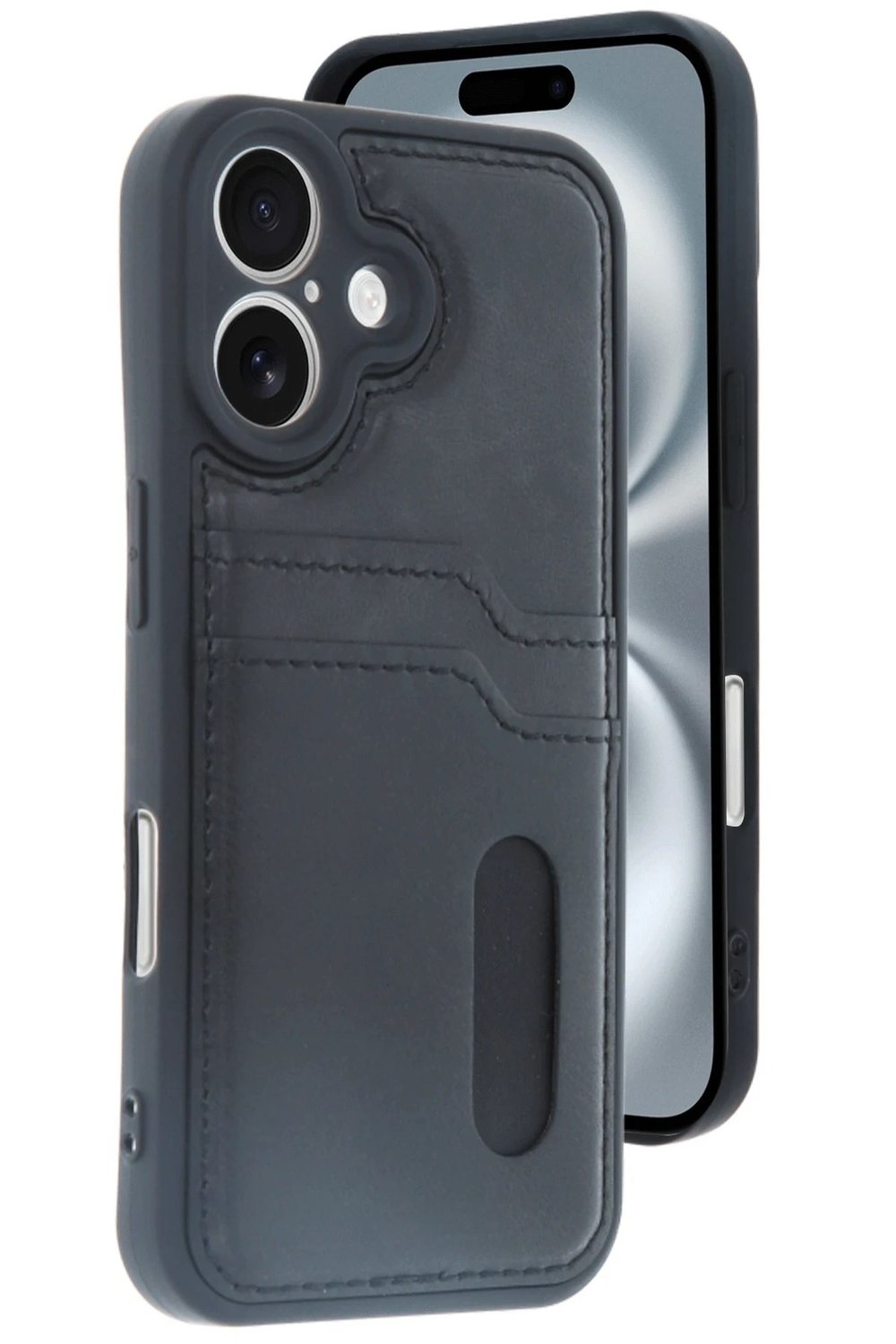 Mey İthalat®  iPhone 16 Kılıf Sara Kartvizitli Deri Kılıf - Siyah
