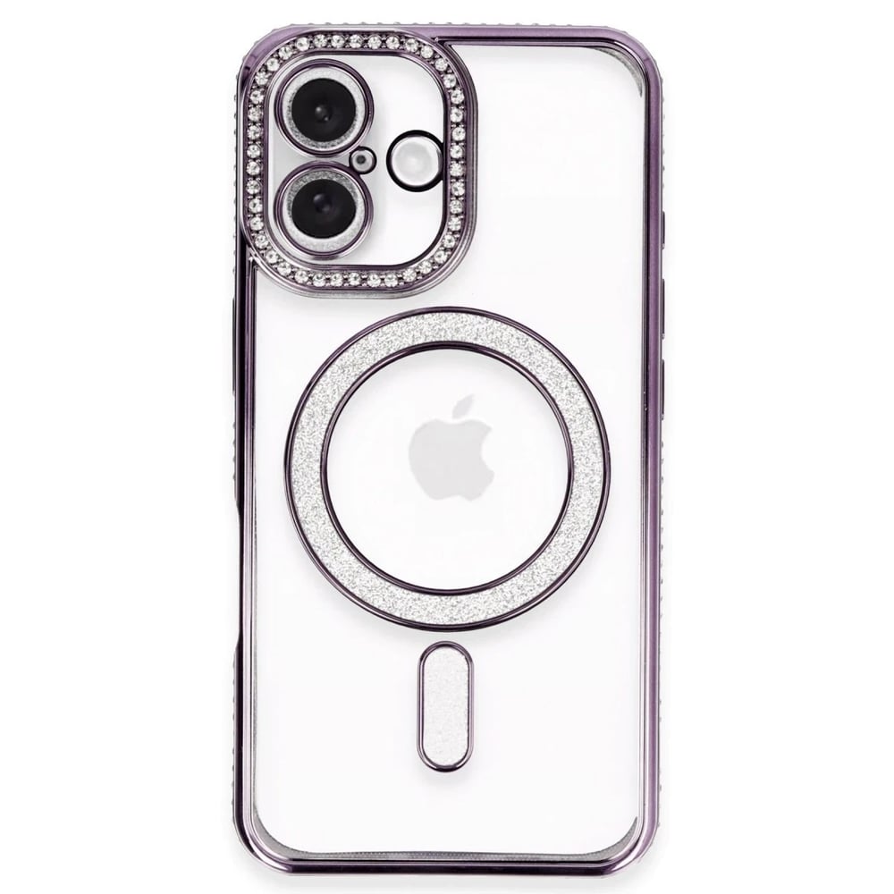 Mey İthalat®  iPhone 16 Plus Kılıf Joke Simli Magneticsafe Kılıf - Derin Mor