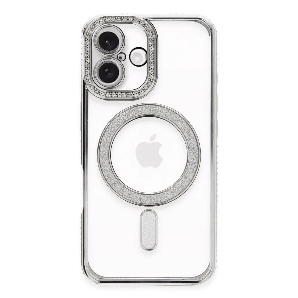 Mey İthalat®  iPhone 16 Plus Kılıf Joke Simli Magneticsafe Kılıf - Gümüş