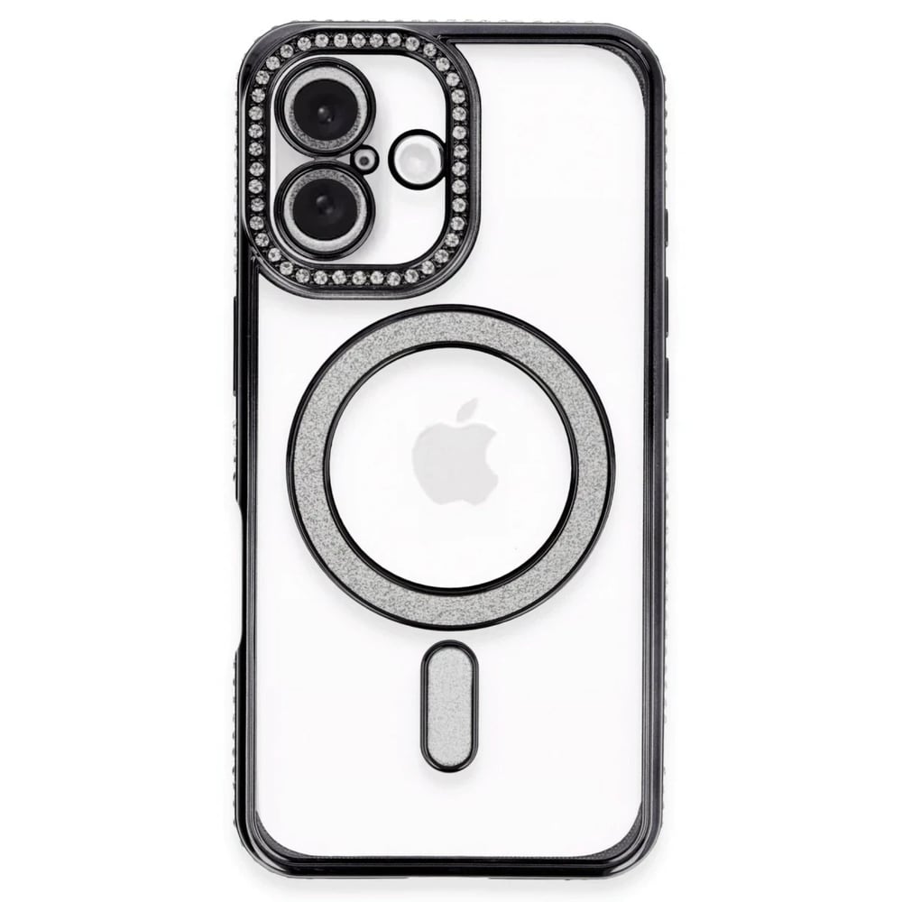Mey İthalat®  iPhone 16 Plus Kılıf Joke Simli Magneticsafe Kılıf - Siyah