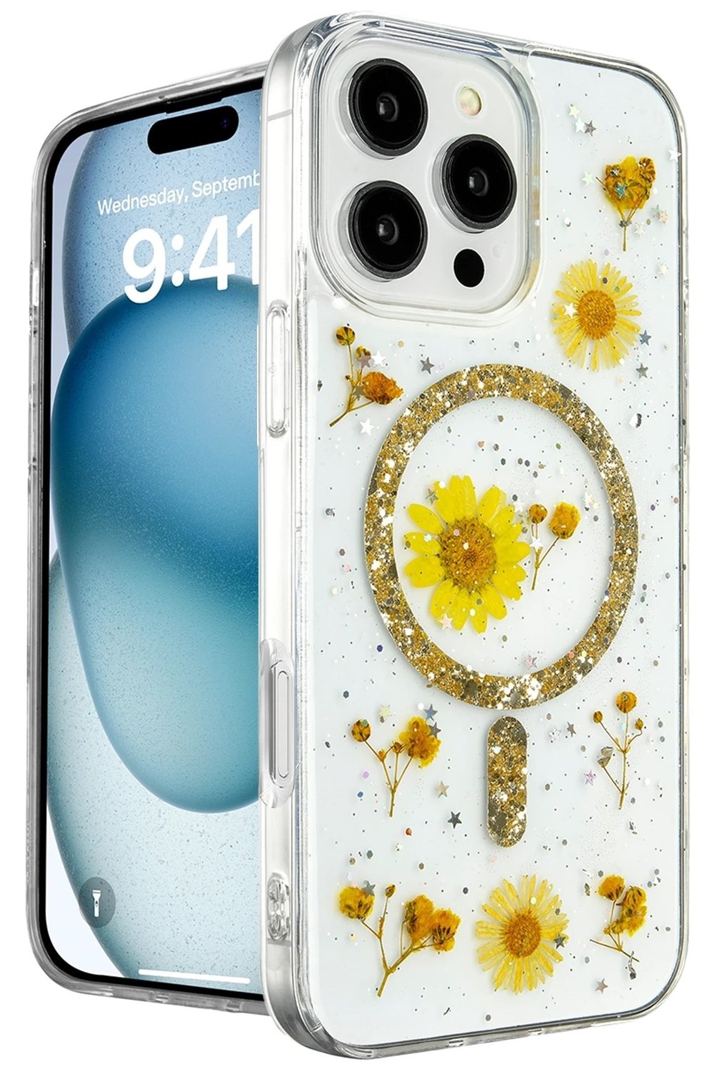 Mey İthalat®  iPhone 16 Pro Kılıf Daisy Simli Magsafe Kapak - Gold