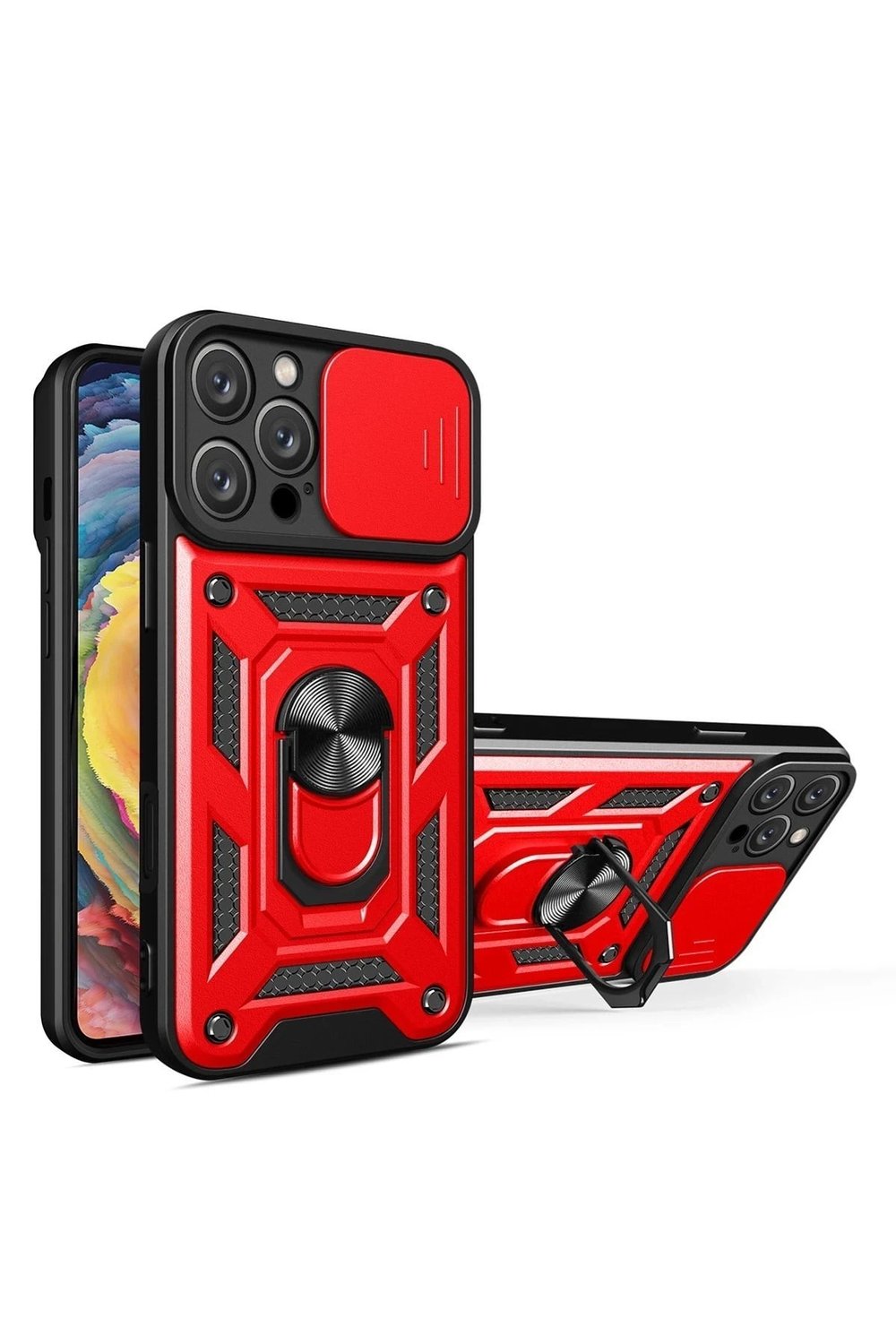Mey İthalat®  iPhone 16 Pro Kılıf Pars Lens Yüzüklü Silikon - Kırmızı