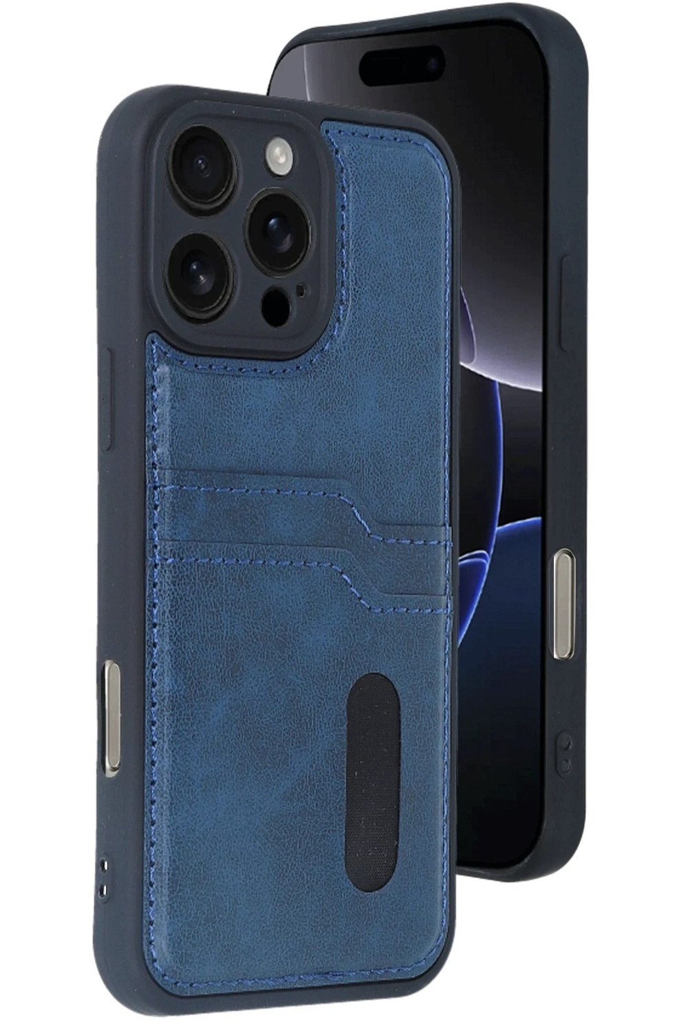 Mey İthalat®  iPhone 16 Pro Kılıf Sara Kartvizitli Deri Kılıf - Lacivert