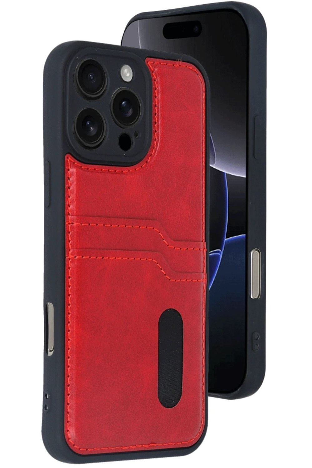 Mey İthalat®  iPhone 16 Pro Kılıf Sara Kartvizitli Deri Kılıf - Kırmızı
