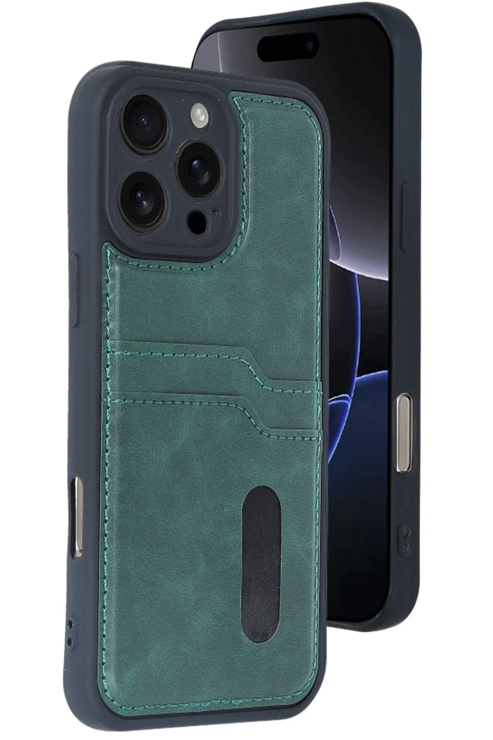 Mey İthalat®  iPhone 16 Pro Kılıf Sara Kartvizitli Deri Kılıf - Koyu Yeşil