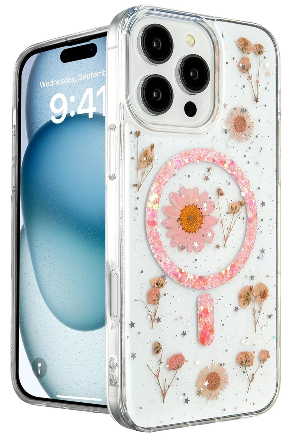 Mey İthalat®  iPhone 16 Pro Max Kılıf Daisy Simli Magsafe Kapak - Pembe