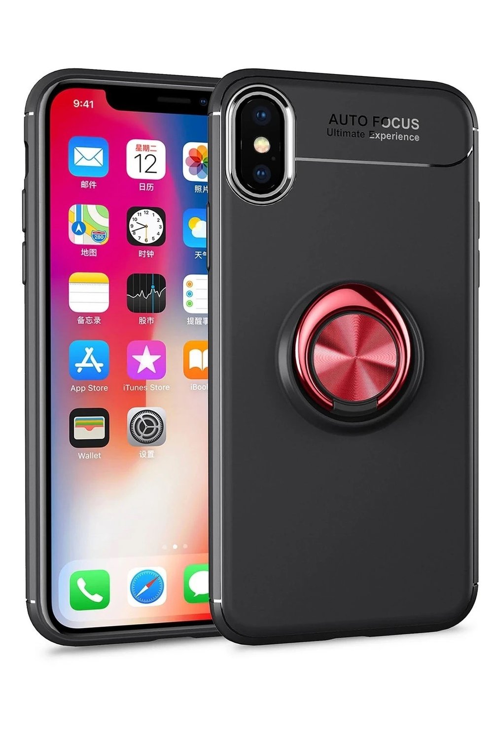 Mey İthalat®  iPhone XS Max Kılıf Range Yüzüklü Silikon - Siyah-Kırmızı