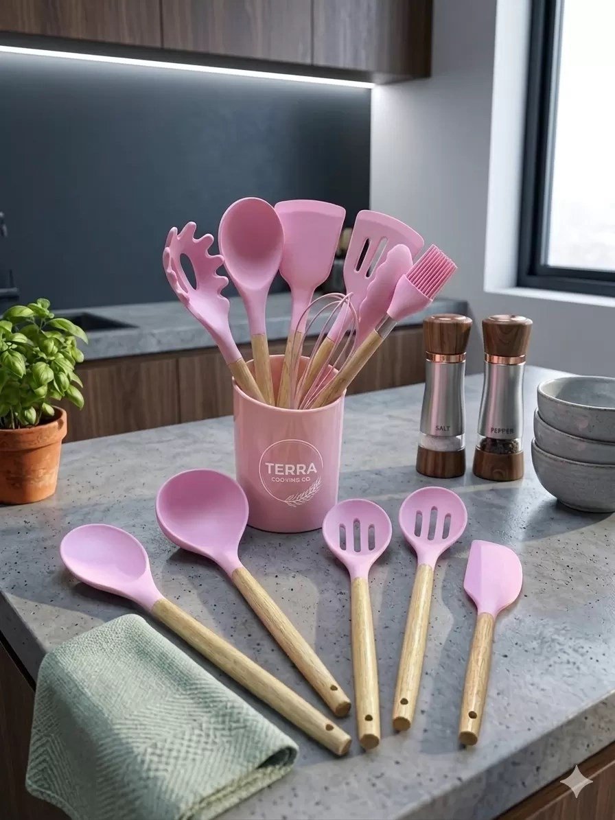 Mey İthalat® 12 Parça Bambu Saplı Silikon Mutfak Gereçleri Seti - Pembe Mutfak Servis Seti